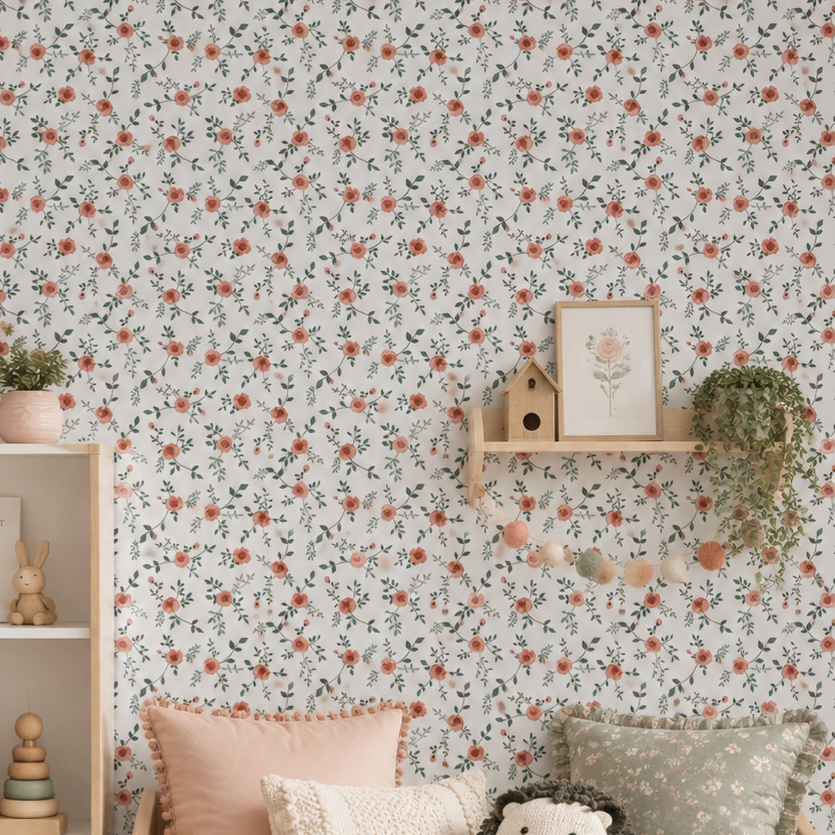 Papel de Parede Infantil Floral Tereza Rosê - Branco