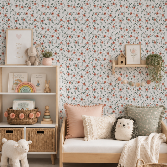 Papel de Parede Infantil Floral Tereza Rosê - Branco