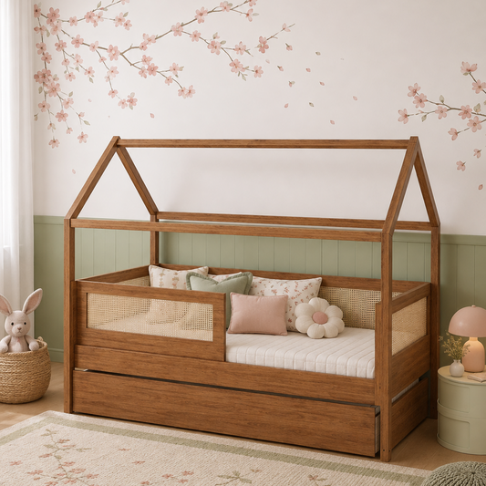 Combo Cama Sofá Haus Nature Casinha Com Palha 2 em 1 Com Cama Auxiliar - Freijó