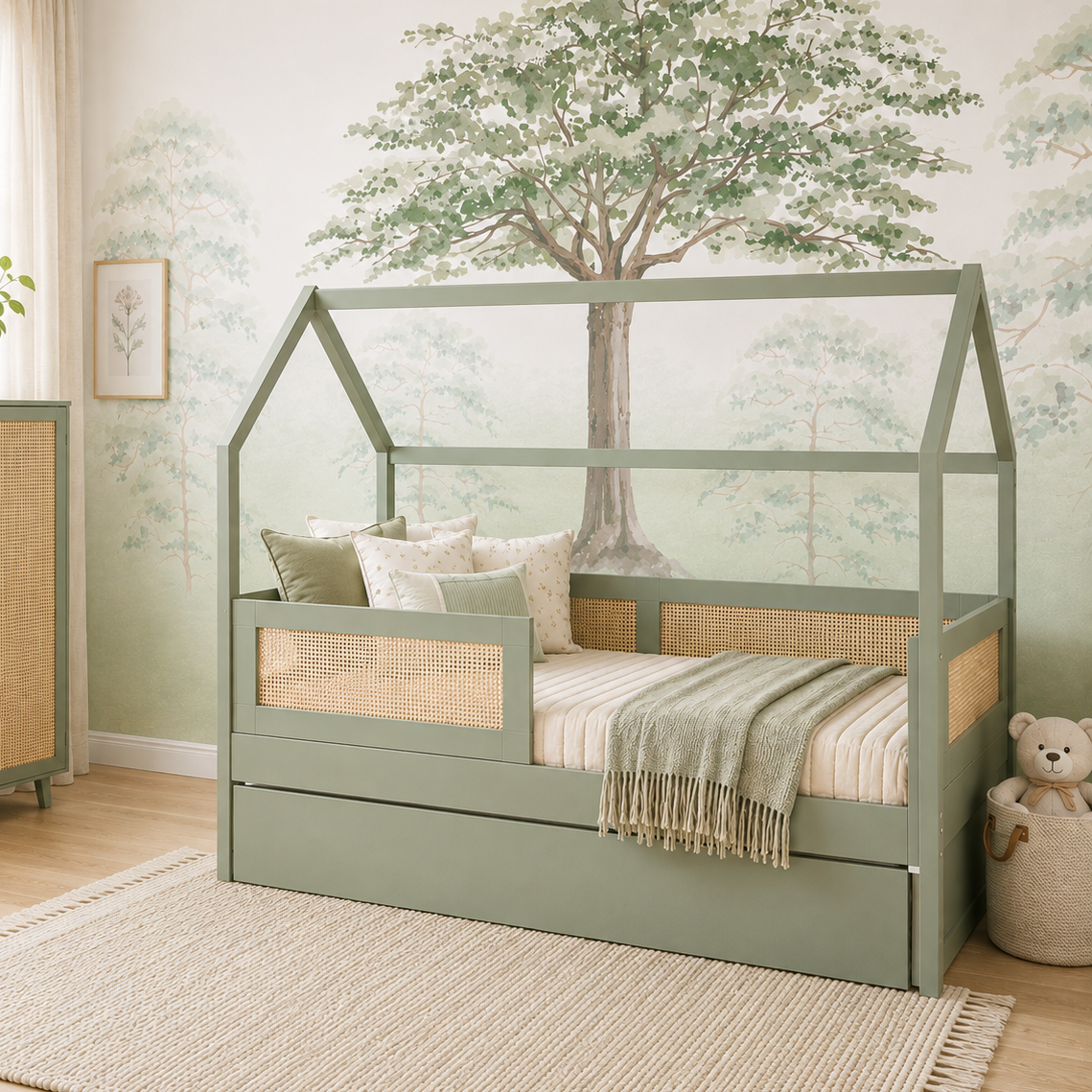 Combo Cama Sofá Haus Nature Casinha Com Palha 2 em 1 Com Auxiliar - Verde Jardim