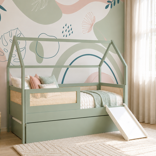 Combo Cama Sofá Haus Nature Casinha Com Palha 2 em 1 Com Cama Auxiliar e Escorregador - Verde Jardim
