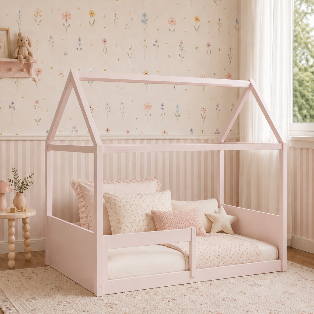 Cama Up 2 em 1 Com Casinha Montessoriana - Rosa Claro