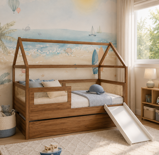 Combo Cama Sofá Haus Nature Casinha Com Palha 2 em 1 Com Cama Auxiliar e Escorregador - Freijó
