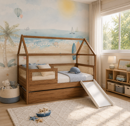 Combo Cama Sofá Haus Nature Casinha Com Palha 2 em 1 Com Cama Auxiliar e Escorregador - Freijó