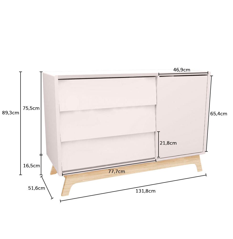 Cômoda de Bebê Raika com Porta Rosa Claro e Pé Madeira Clara