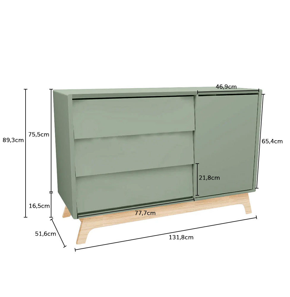 Cômoda de Bebê Raika com Porta Verde Jardim e Pé Madeira Clara