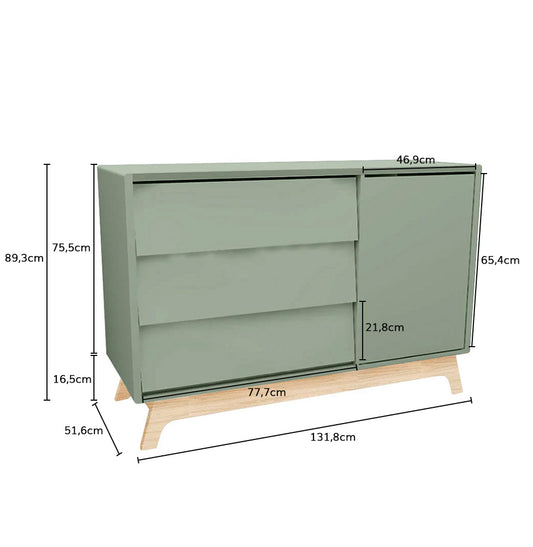 Cômoda de Bebê Raika com Porta Verde Jardim e Pé Madeira Clara